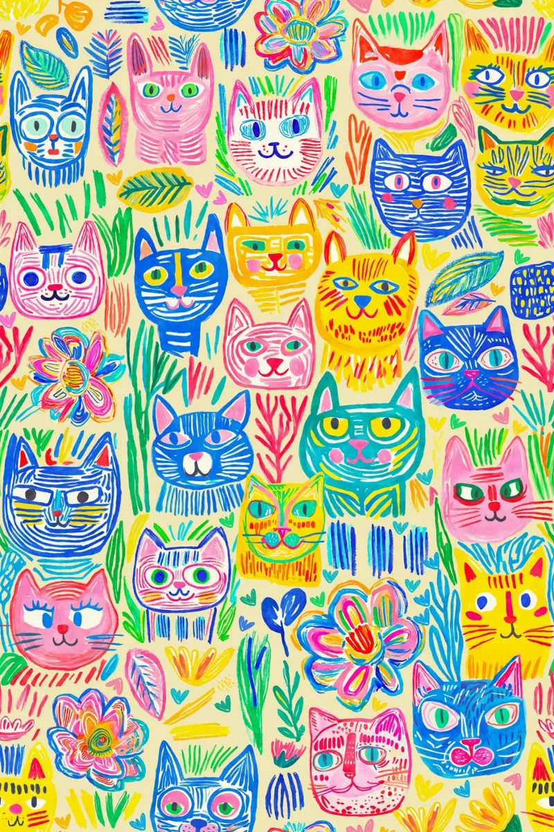 Bold And Groovy Pop Art Doodle Cats Multicolor alluminio dibond da Andrea Haase Modern Home