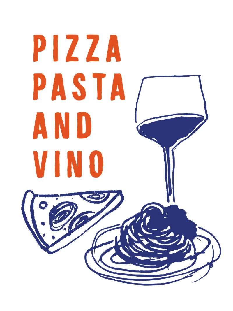 Pizza Pasta en Vino Keuken Eetkamer Decor in Rood Blauw poster van THE MOTIVATED TYPE