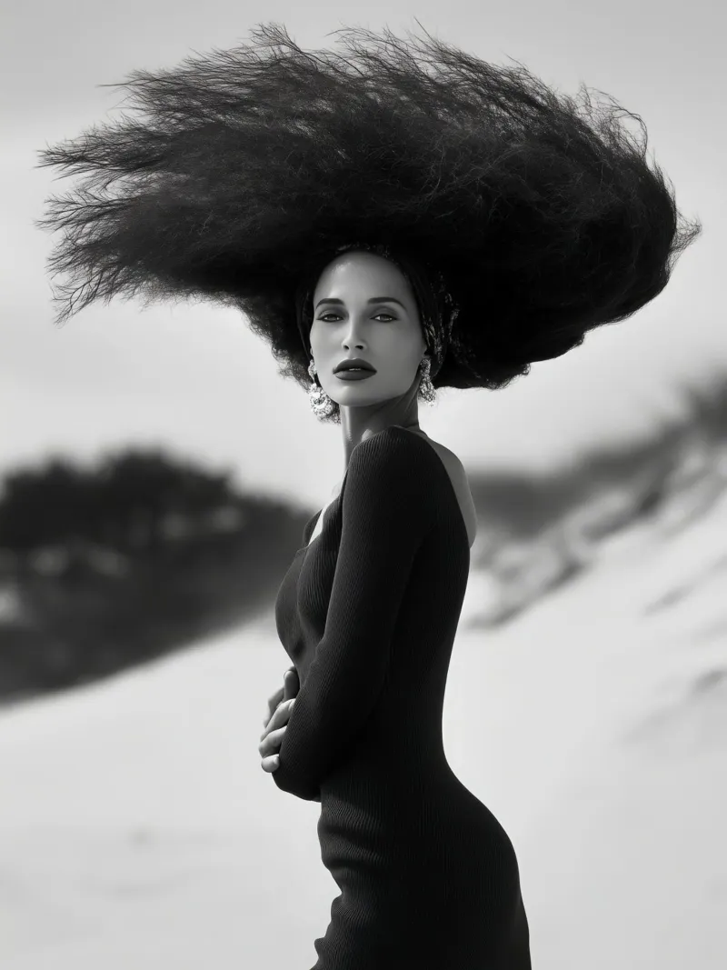 Modella su una spiaggia di pini in tempesta | Fotografia in bianco e nero poster con telaio in plastica da Autofocus