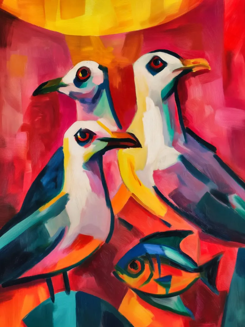 Tre gabbiani e un pesce | Pittura su tela plexiglass da Autofocus