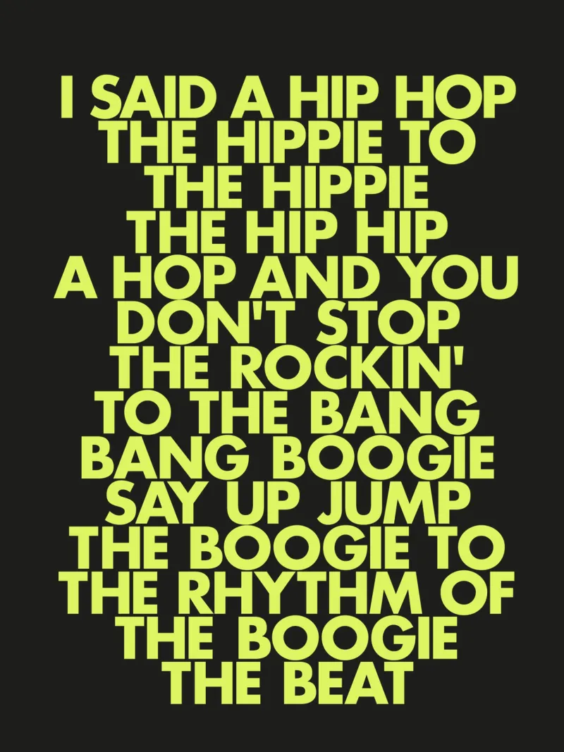 Stampa tipografica di testi hip hop classici in giallo e nero poster con telaio in legno da THE MOTIVATED TYPE