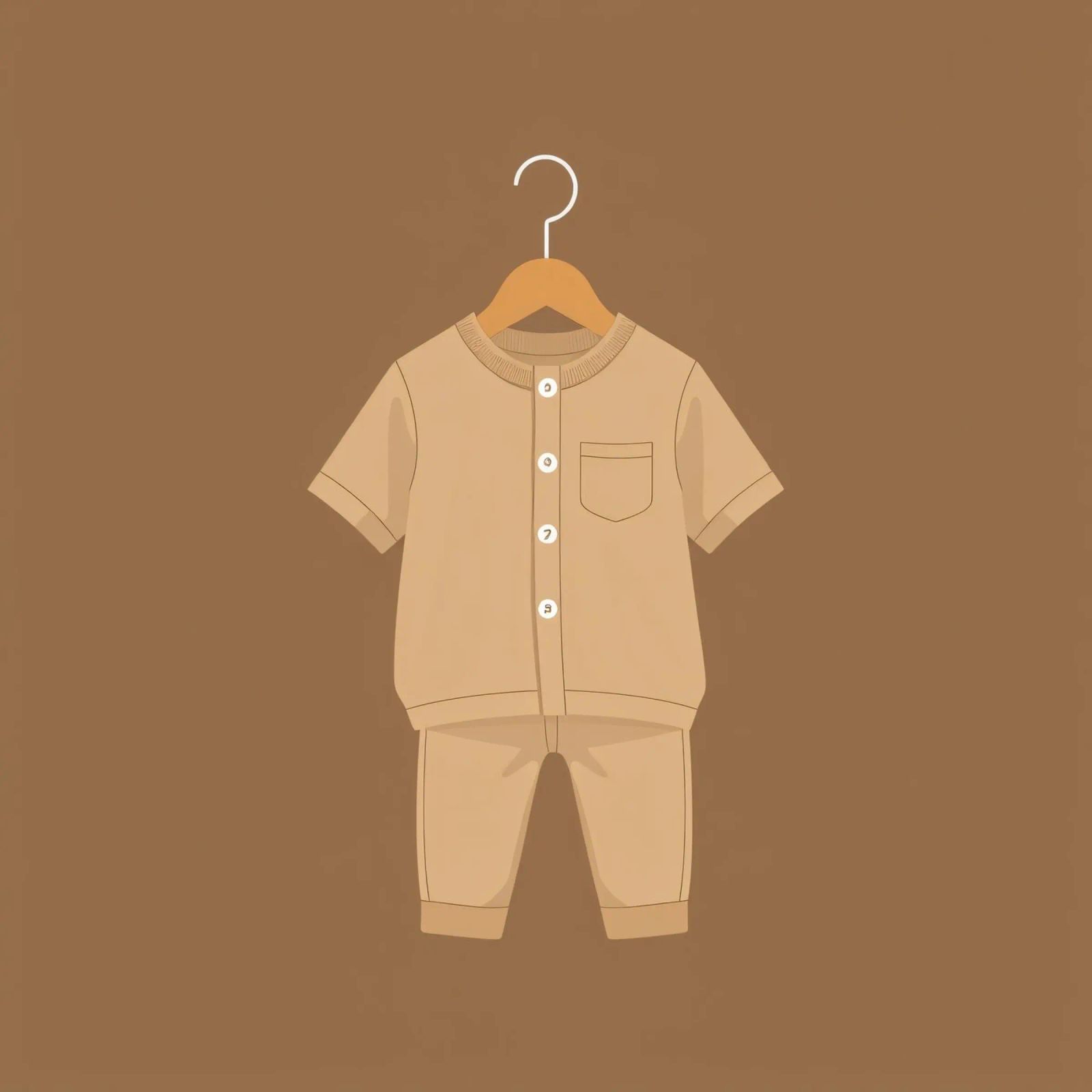 Un grazioso completino beige per bambini appeso ad una gruccia di legno ag pellicola backlit da DesignDoodle