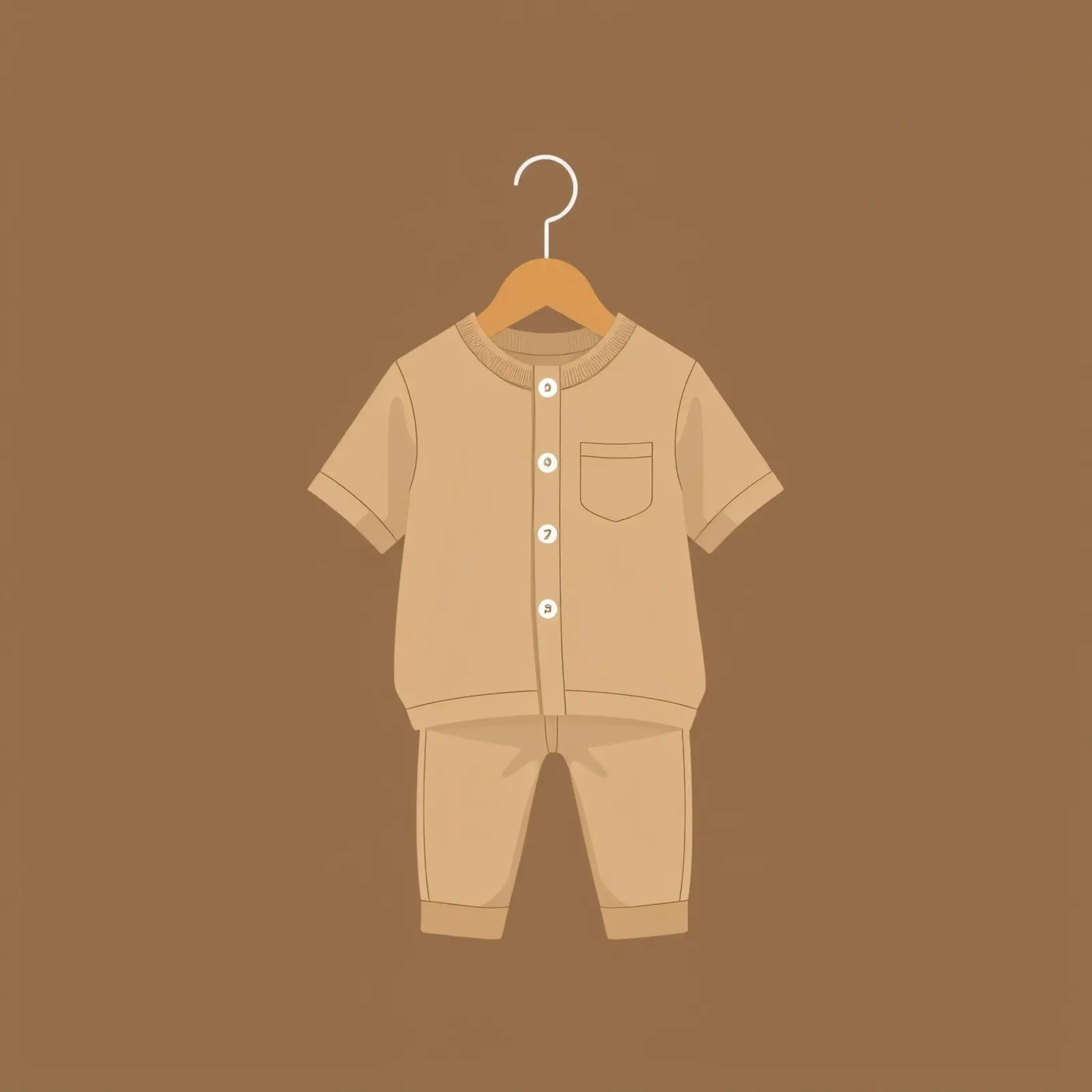 Un grazioso completino beige per bambini appeso ad una gruccia di legno ag tela con Cornice a cassetta da DesignDoodle