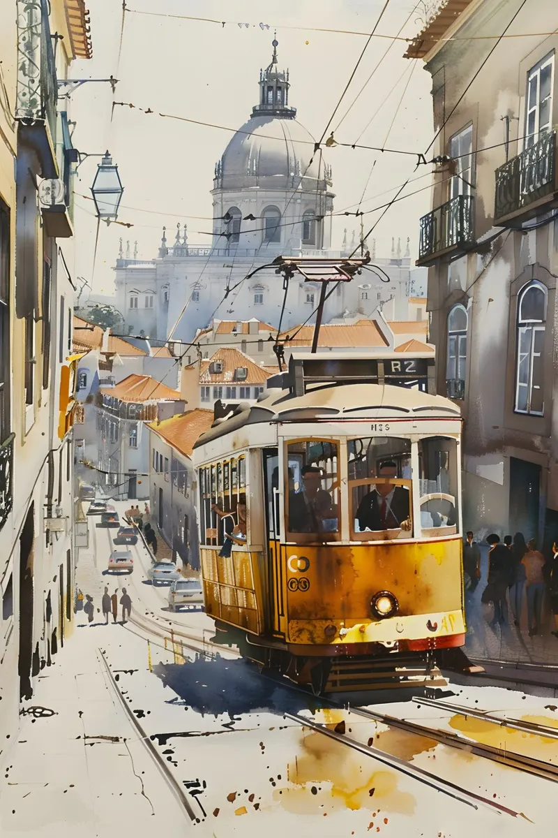 Il pittoresco tram di Lisbona poster con telaio in plastica da M-Ulrich-Digital Art