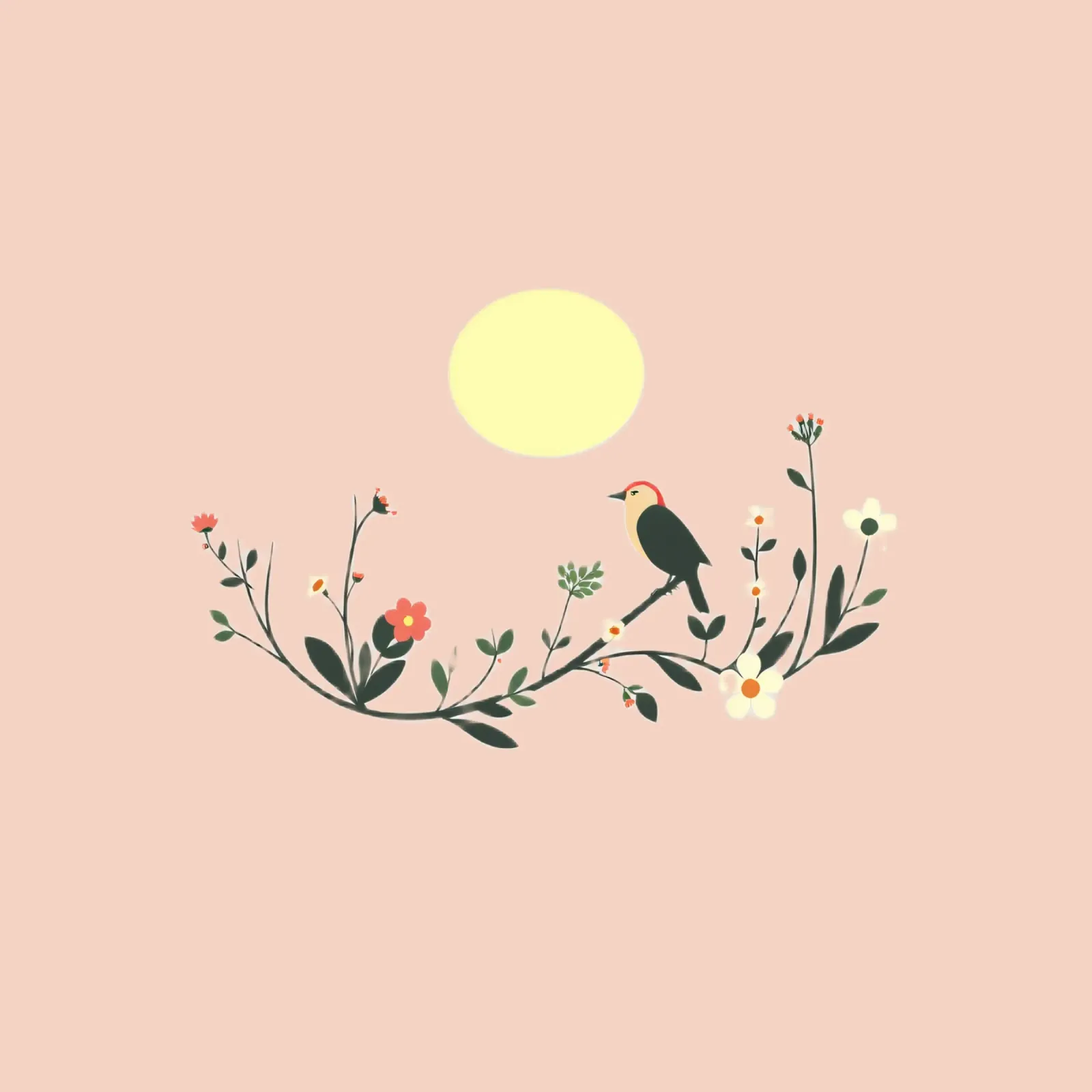 Un uccello colorato appollaiato tra fiori vivaci sotto il sole. poster con telaio in legno da DesignDoodle