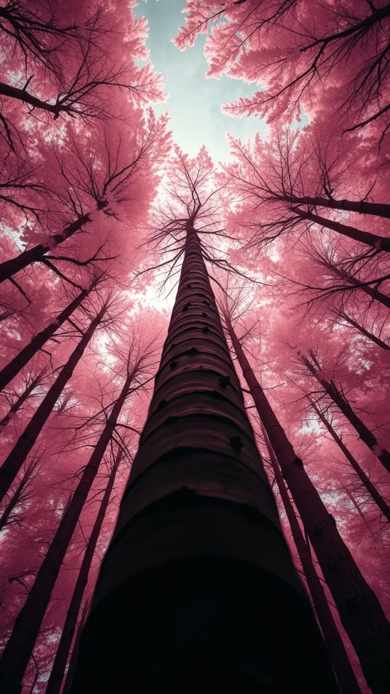 Tall trees stretch towards a pink sky creating a dreamy hahnemühle by DesignDoodle