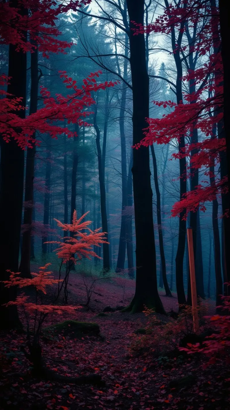 Lebendiger Herbstwald mit rotem Laub und nebliger Atmosphäre Hahnemühle von DesignDoodle
