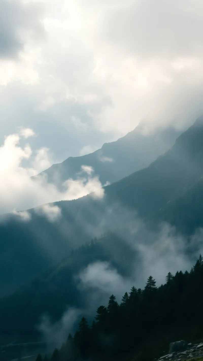 Mountain landscape with mist and clouds creating a serene canvas by DesignDoodle