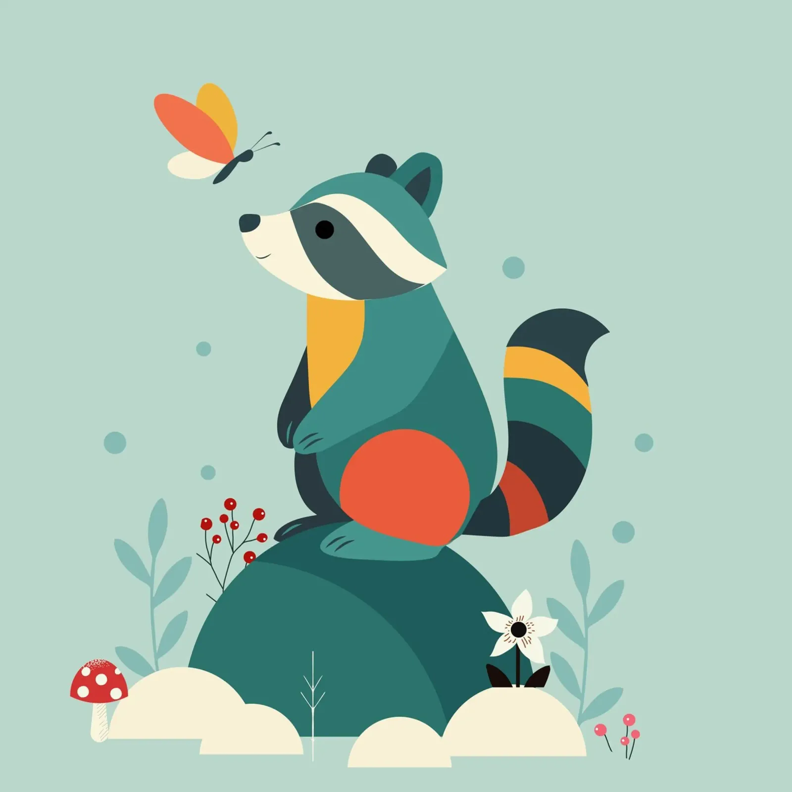 Procione e farfalla - simpatico disegno di animali della foresta poster con telaio in alluminio da namosh
