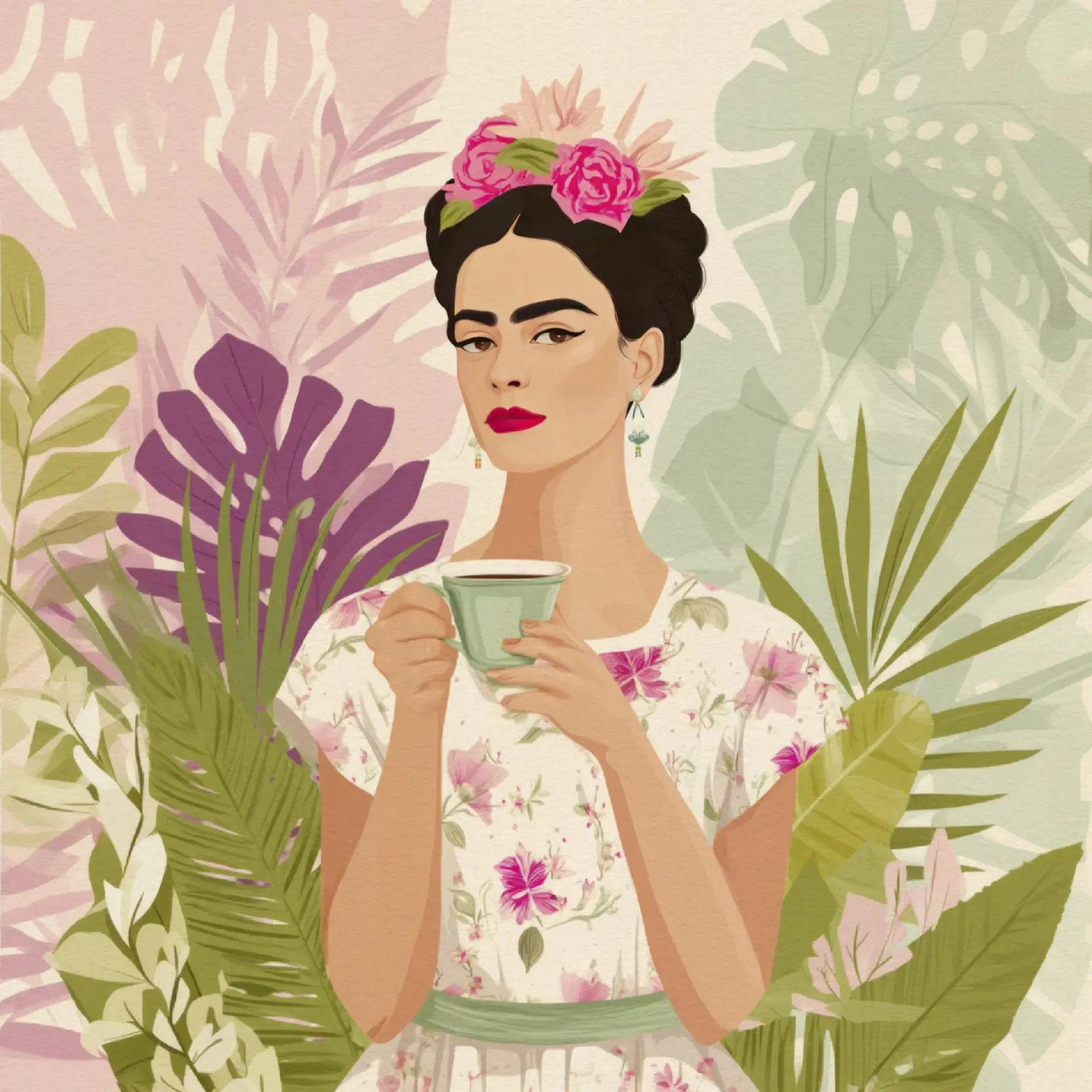 Iconic Floral Muse Sipping Tea in Tropical Leaf Garden acrylic glass by Modern Muse