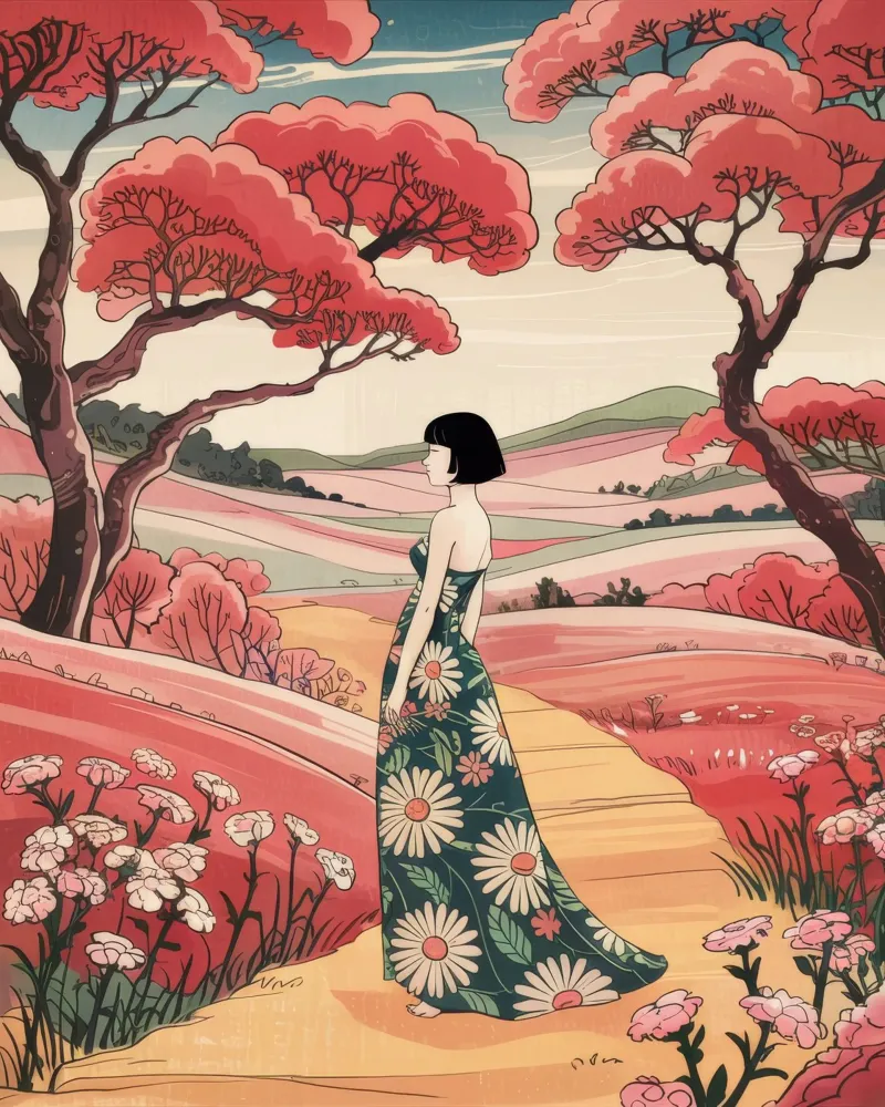 Serene Meadow Walk canvas with Floater frame by Murni Strokes