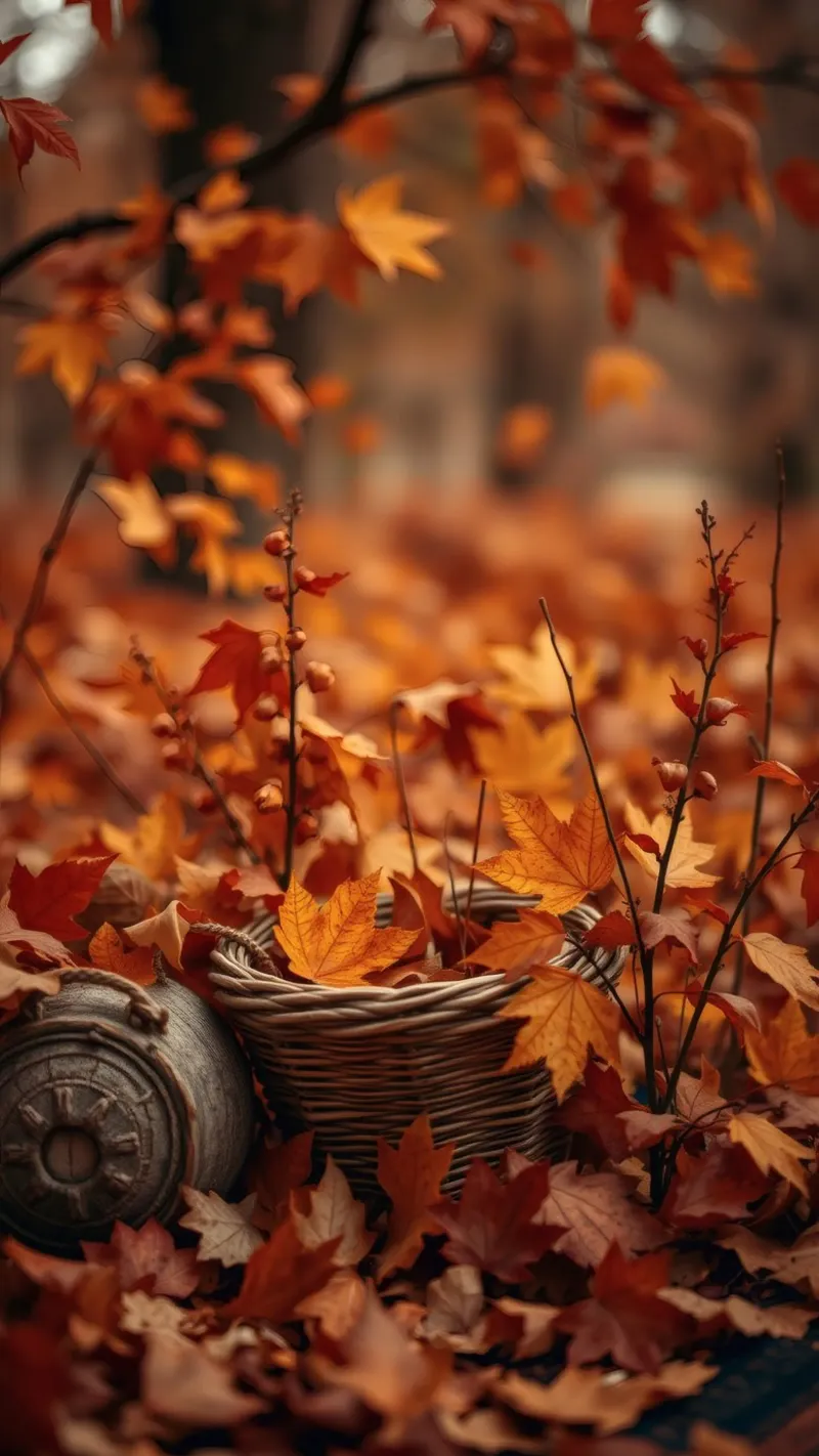 Calde foglie d'autunno sparse intorno a un cesto intrecciato pellicola backlit da DesignDoodle