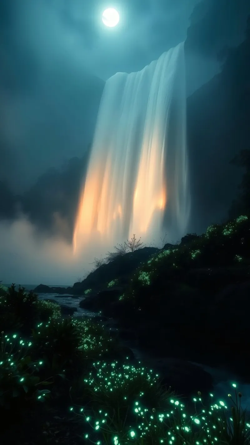 Superbe cascade abstraite avec une flore lumineuse sous la lune alu dibond de DesignDoodle