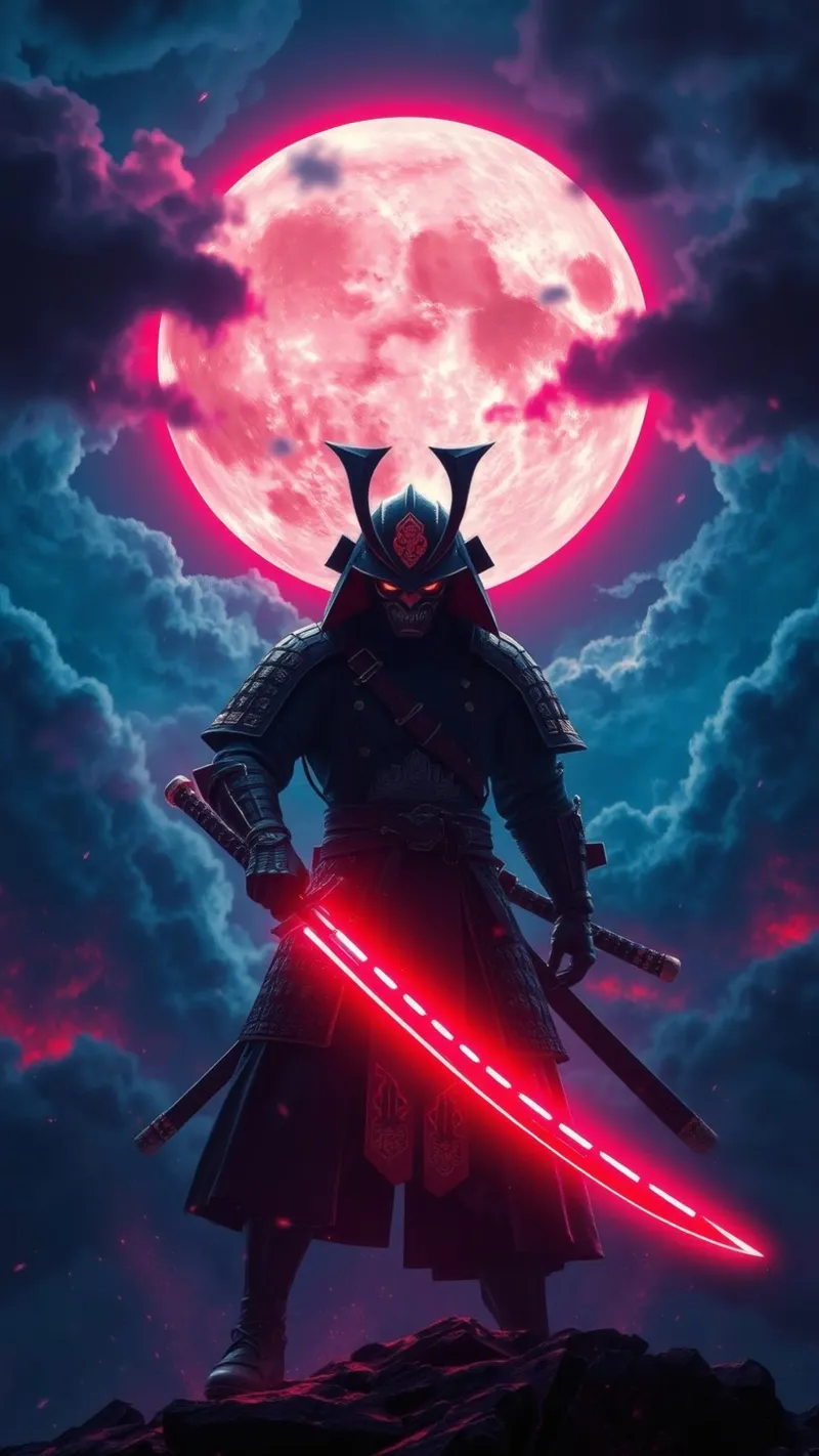 Epic samurai warrior under a glowing moon with a red aura canvas with Floater frame by DesignDoodle