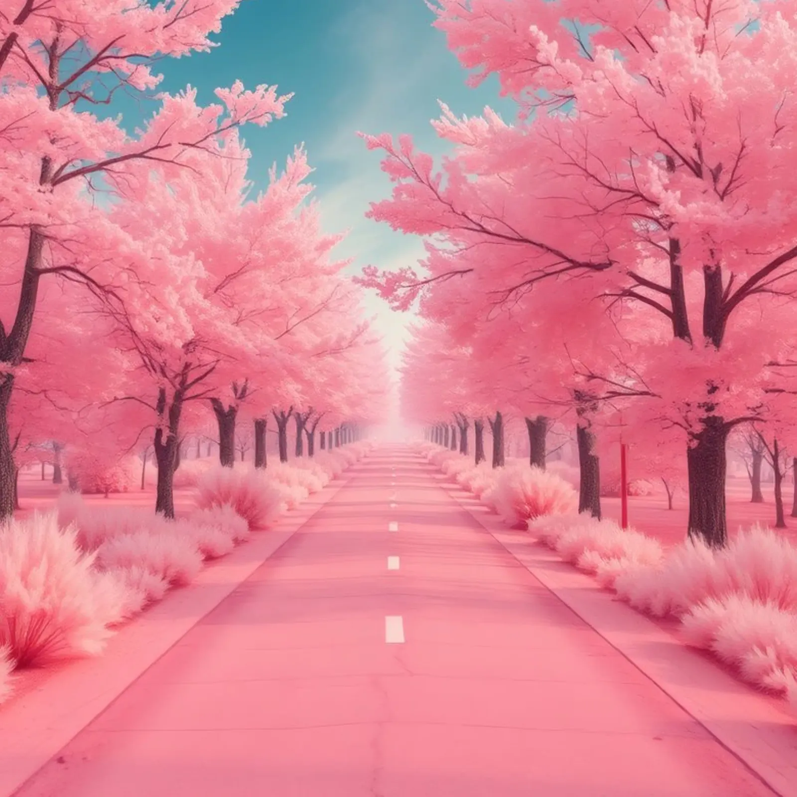 Alberi di ciliegio in fiore di colore rosa brillante costeggiano una strada serena sotto pellicola backlit da DesignDoodle