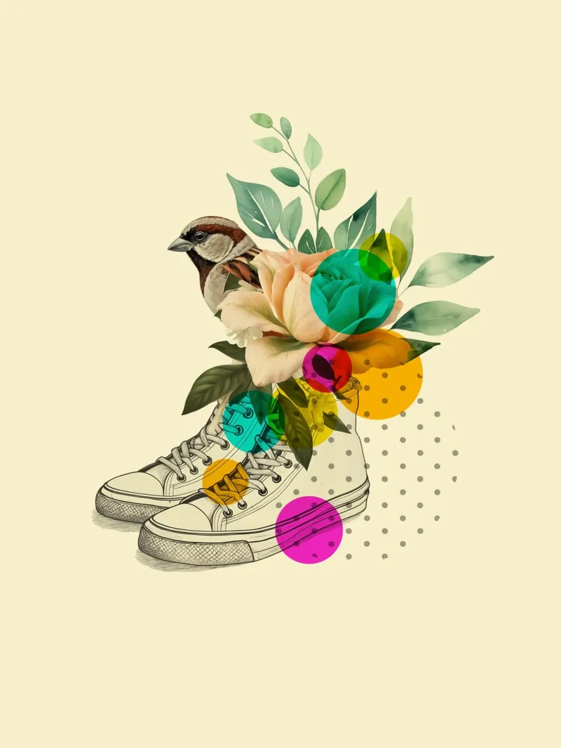 Floral Steps: Nature in Sneakers poster con telaio in legno da Indigo Rain