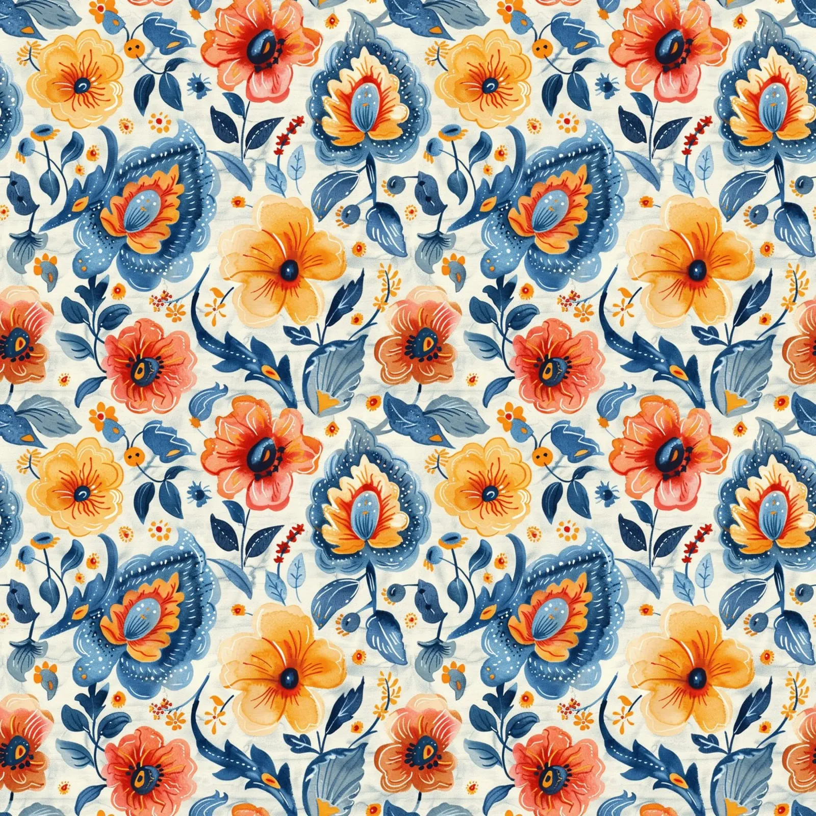 Denim and Orange Paisley Flowers poster with plastic frame by Sunflower Soul Studio