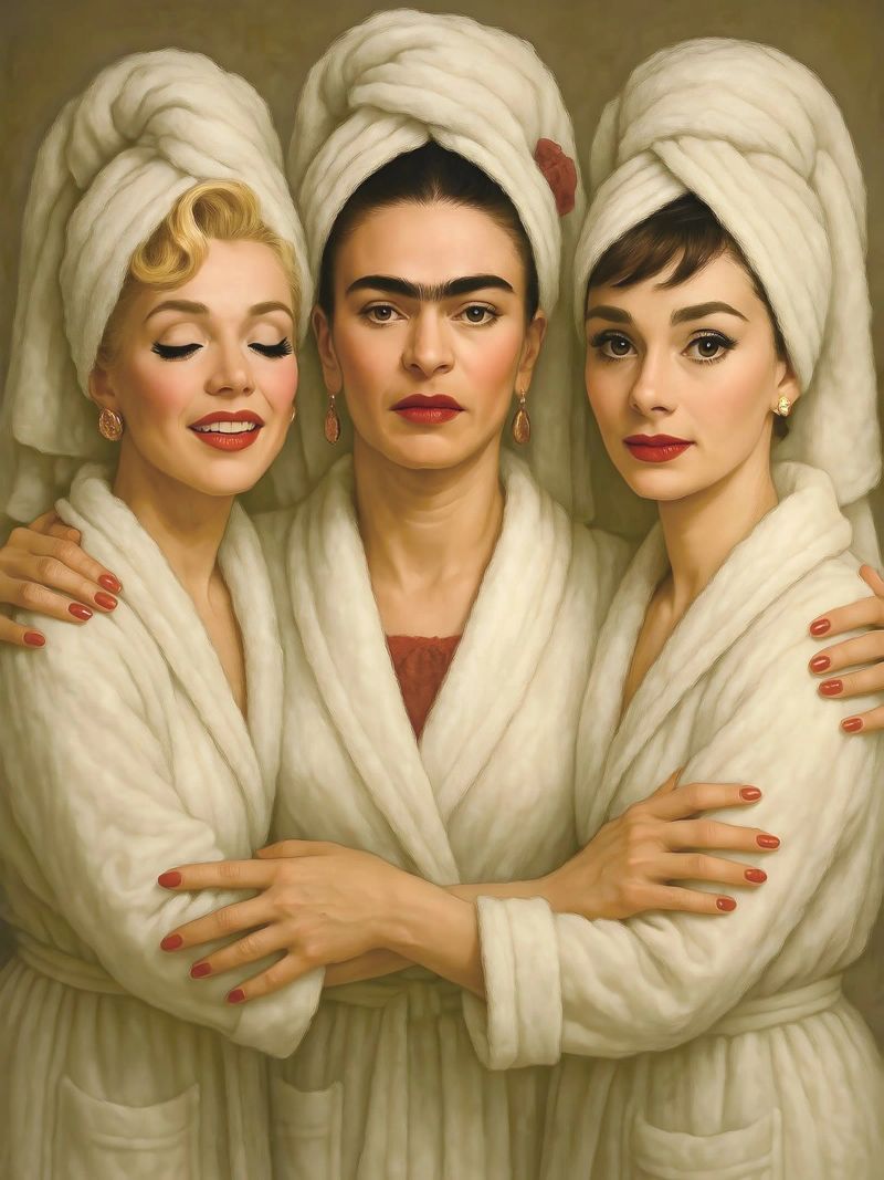 Marilyn Monroe Audrey Hepburn Frida Kahlo in accappatoio pellicola backlit da ARTOMATIC