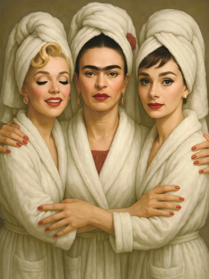 Marilyn Monroe Audrey Hepburn Frida Kahlo in accappatoio poster da ARTOMATIC