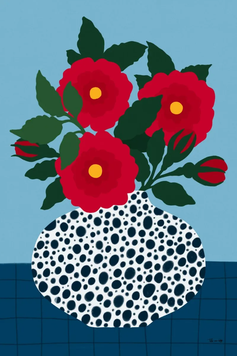 Red Flowers in a dotted white Vase canvas with Floater frame by Tida vom Weg