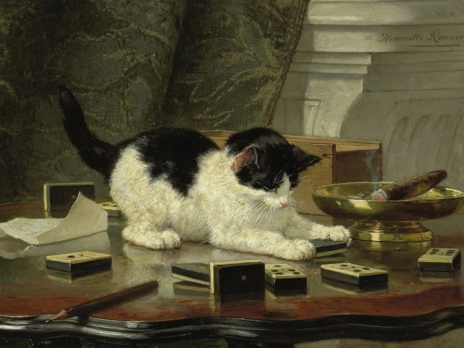 Henriette Ronner - Il gatto in gioco poster con telaio in legno da Wirla