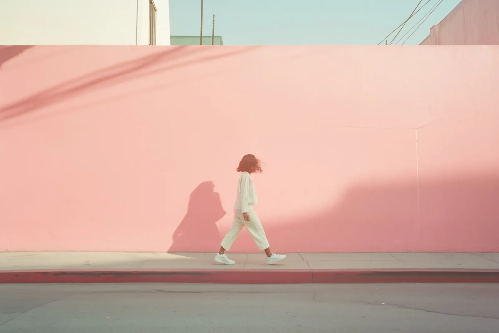 USA SérIA I Femme marchant dans une rue au mur rose pastel film rétro-éclairé de Julie Travel Photography