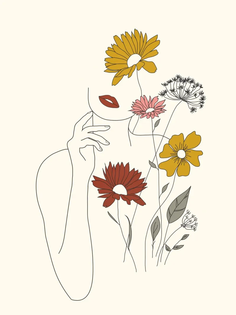 Colorful Thoughts Minimal Line Art Woman with Flowers III poster con telaio in alluminio da Nadjaa