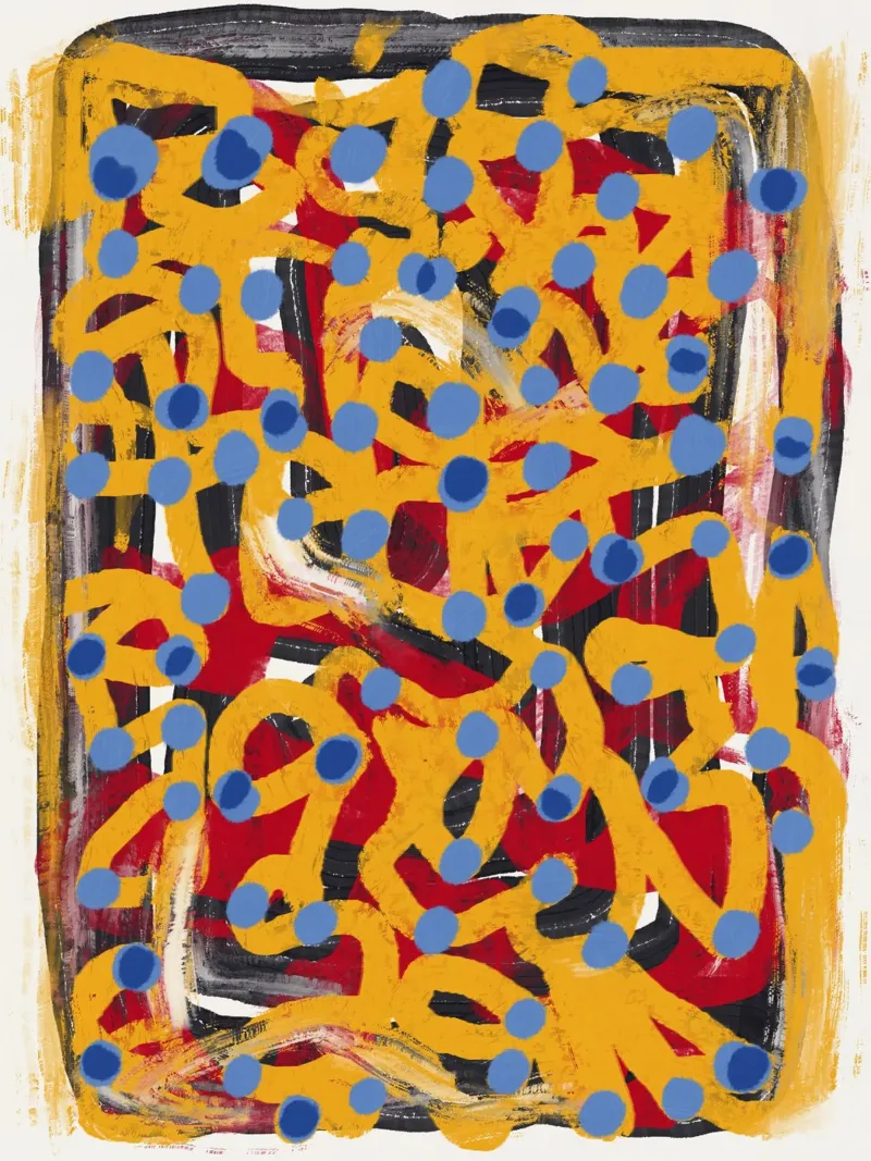 Ligne jaune en pointillés art abstrait bleu à pois hahnemühle de Little Dean