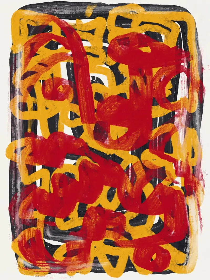 Ligne jaune en pointillés, abstraite, rouge, superposée hahnemühle de Little Dean