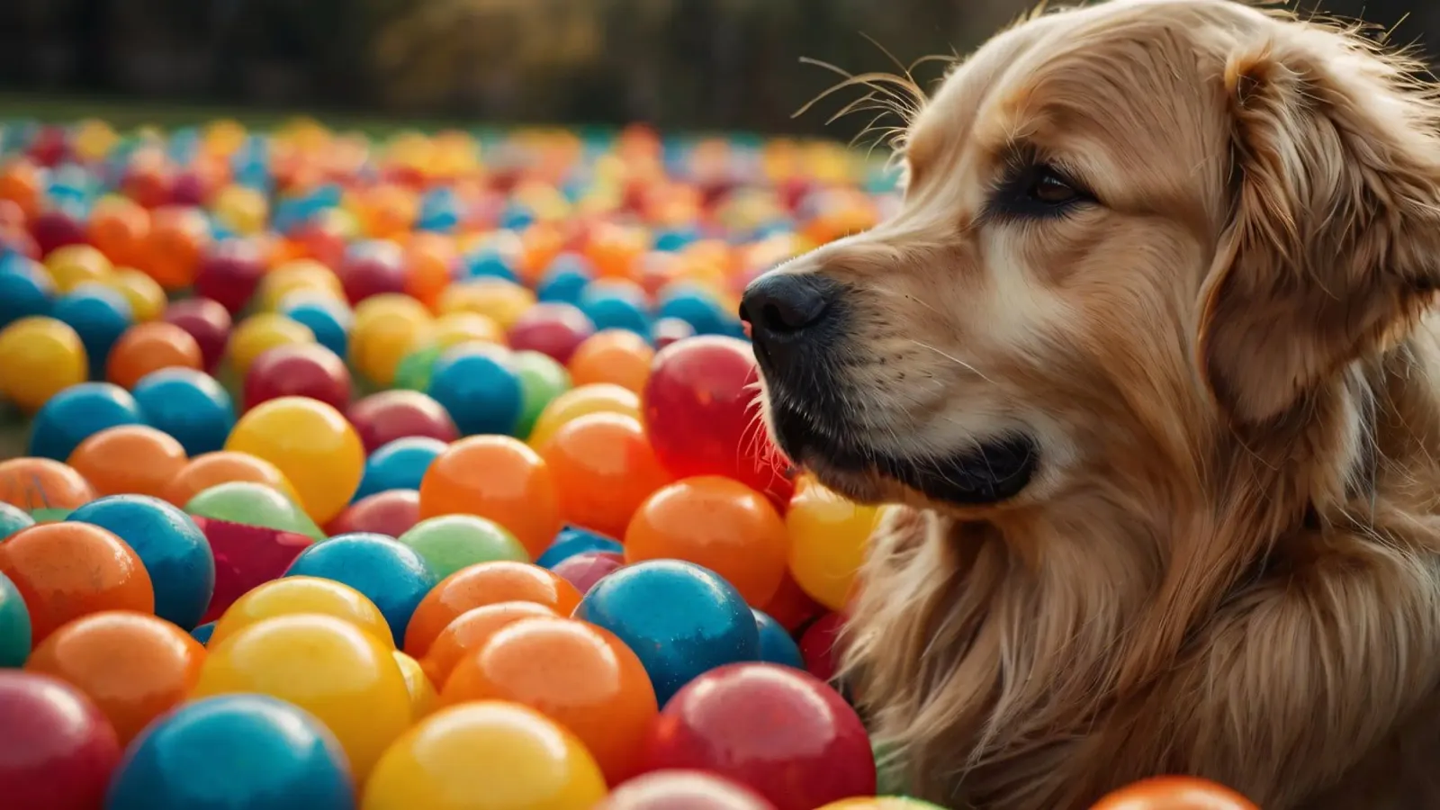 Golden retriever che gioca tra palline di plastica colorate pellicola backlit da DesignDoodle