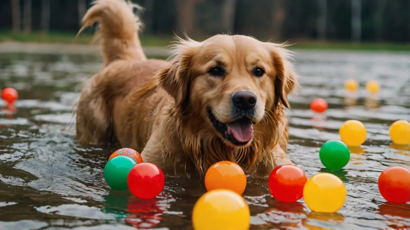 Golden retriever che gioca allegramente in acqua circondato da palline pellicola backlit da DesignDoodle