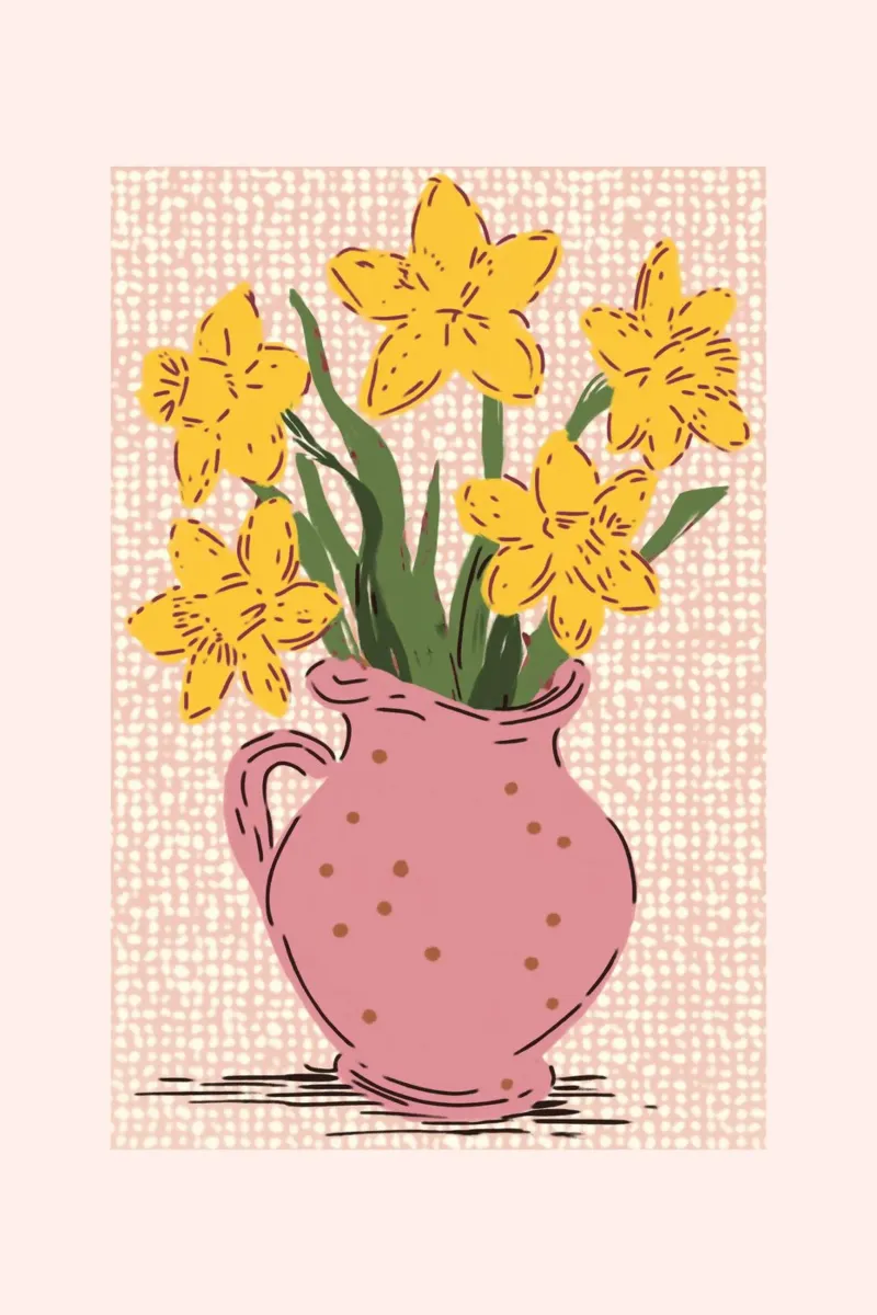 Narcisi gialli in vaso rosa pellicola backlit da Melloi Art Print