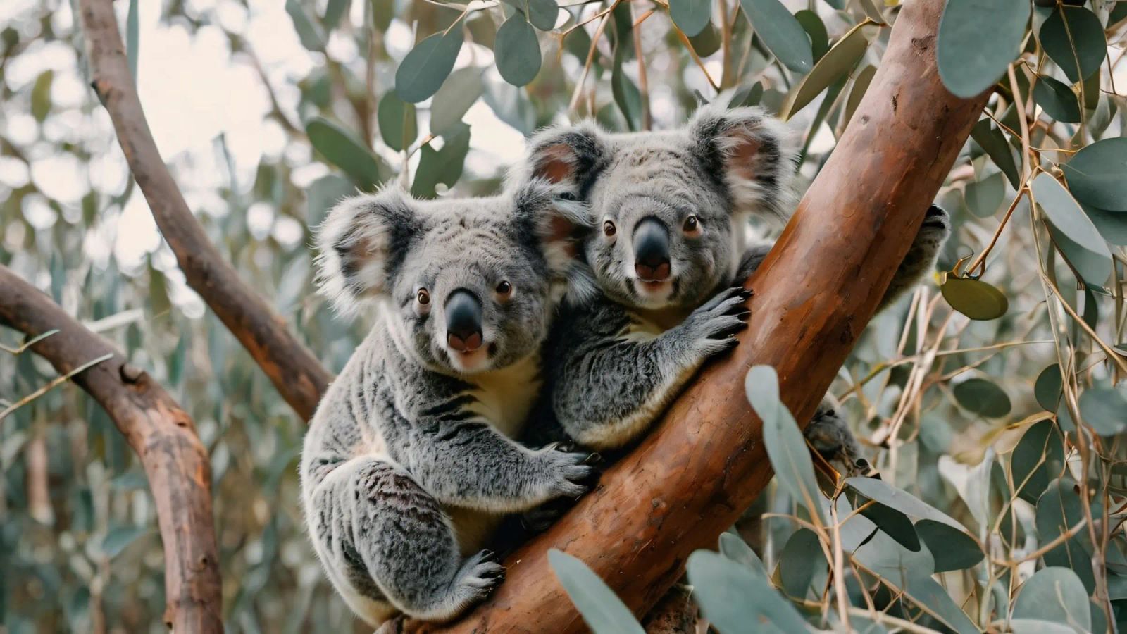 Zwei Koalas ruhen sich gemeinsam auf einem Eukalyptusbaum aus Poster von DesignDoodle