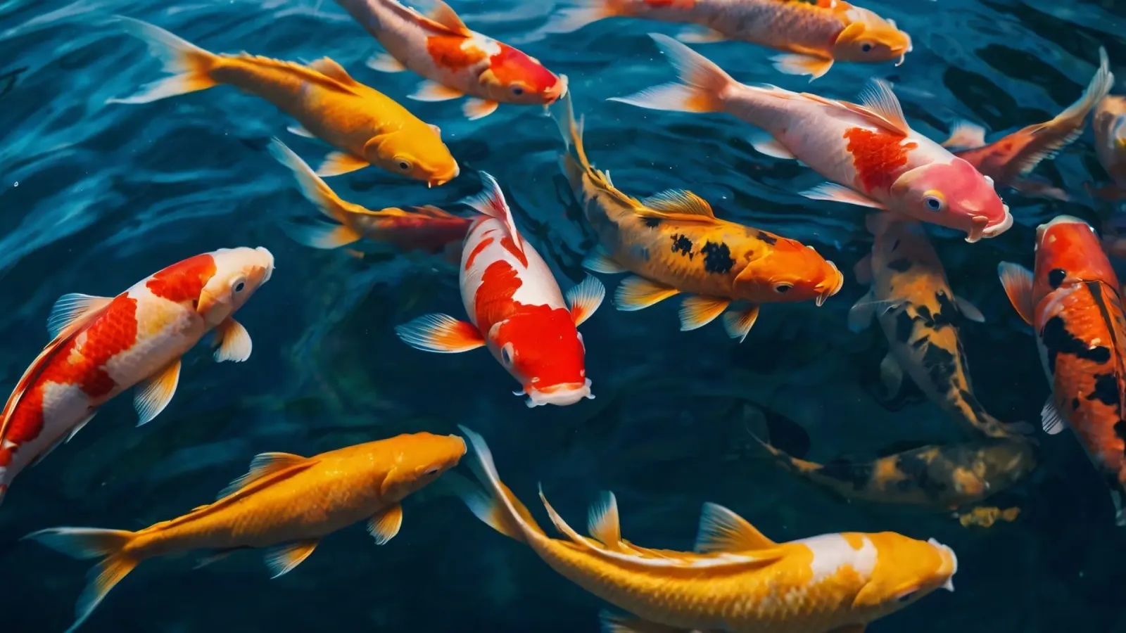 Poissons koi colorés nageant dans l'eau claire d'un jardin serein poster avec cadre en aluminium de DesignDoodle