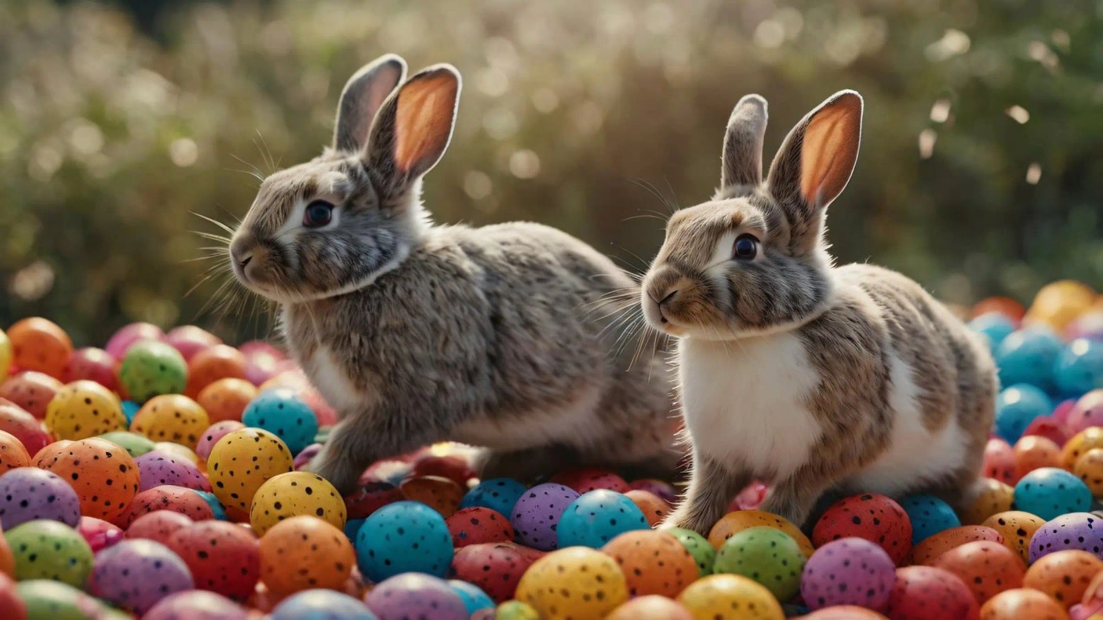 Rabbits exploring a colorful array of eggs canvas by DesignDoodle