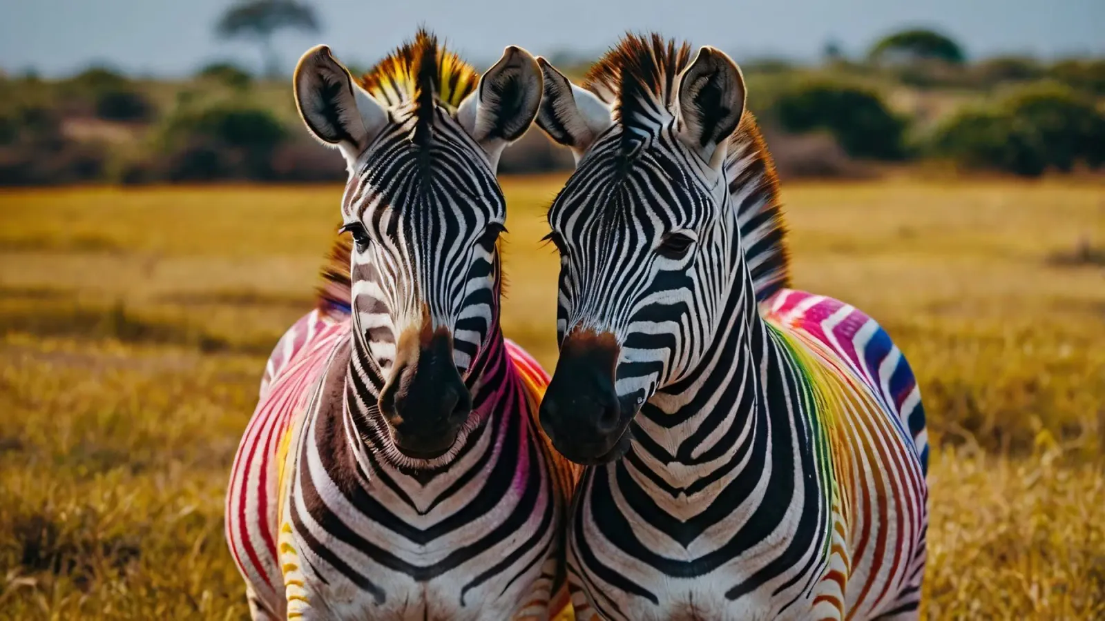 Kleurrijke zebra's staan bij elkaar in de savanne canvas met Baklijst van DesignDoodle