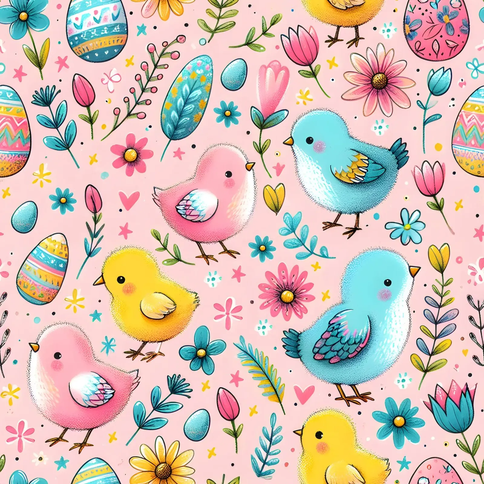 Scarabocchi di pulcini di Pasqua poster con telaio in legno da Happy Littles