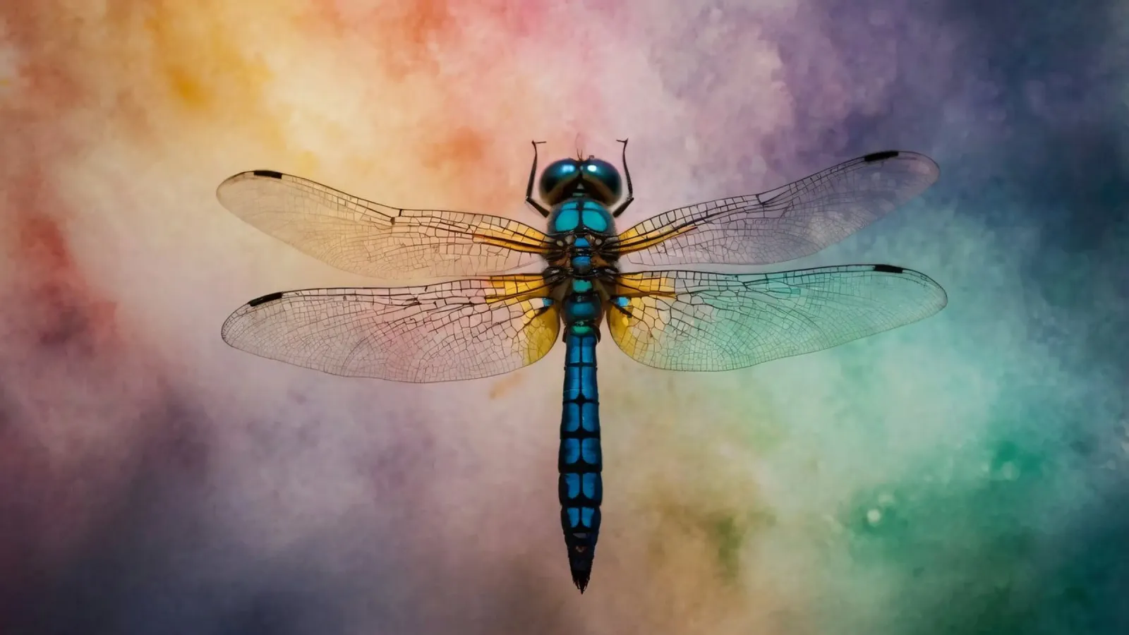 Libellula colorata che si libra su un vivace sfondo astratto pellicola backlit da DesignDoodle