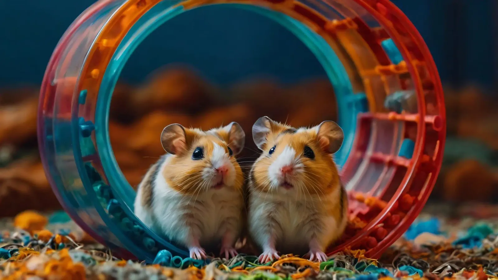 adorabili criceti giocano insieme in una colorata ruota per esercizi alluminio dibond da DesignDoodle