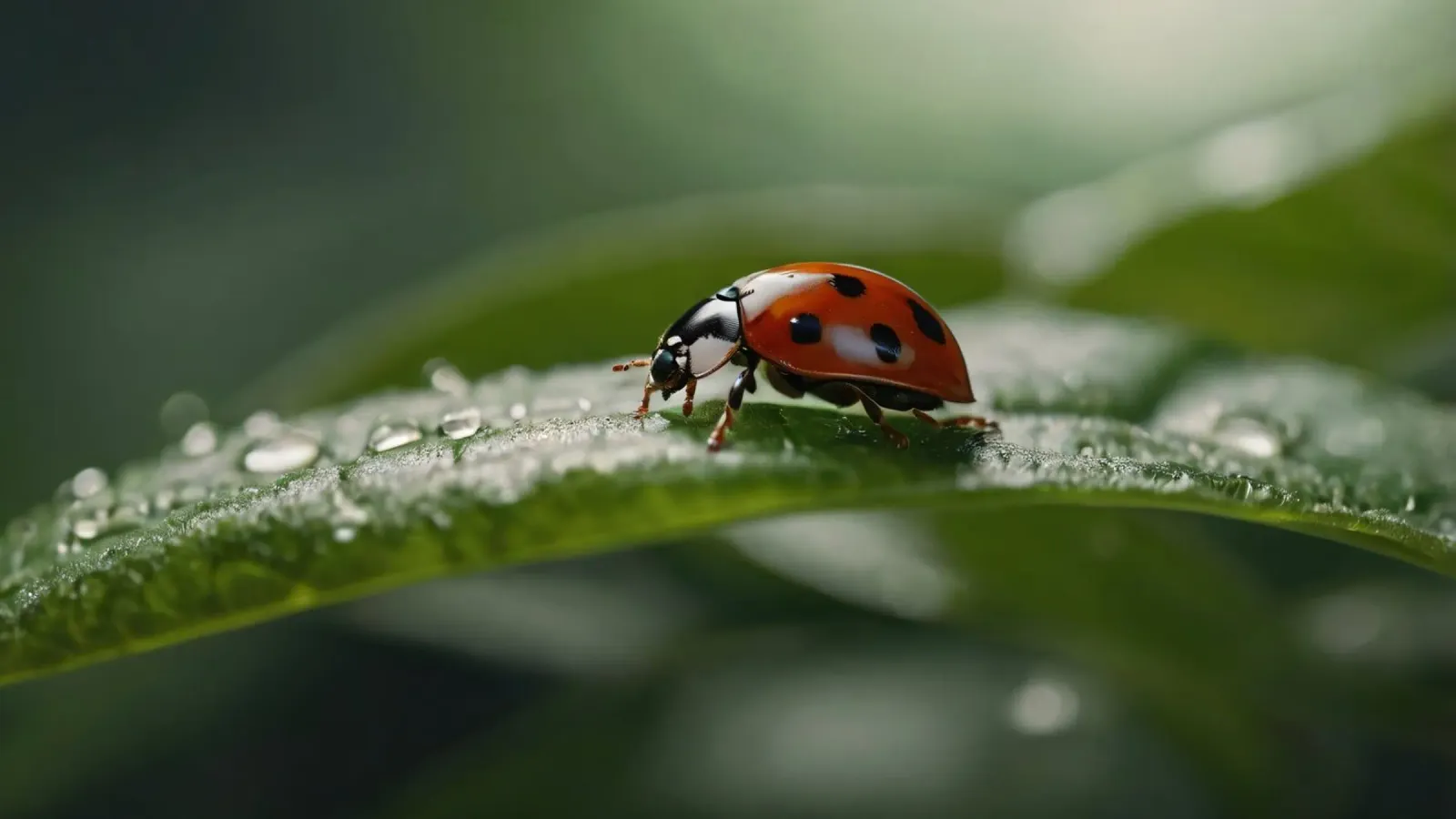 Coccinella che striscia su una foglia verde ornata di gocce d'acqua pellicola backlit da DesignDoodle