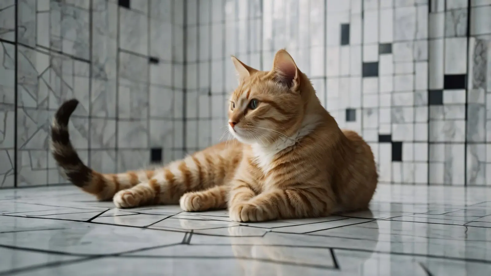Gatto soriano arancione che si rilassa sul pavimento piastrellato in un interno moderno pellicola backlit da DesignDoodle