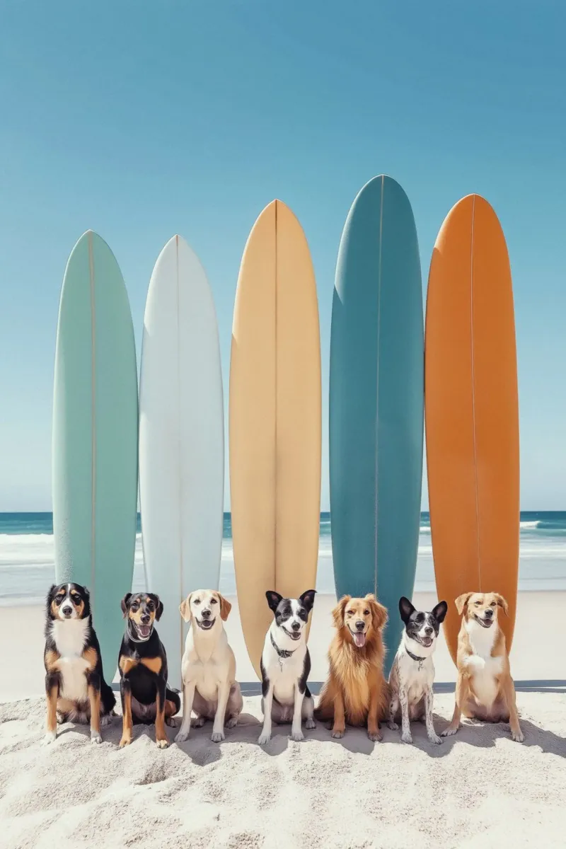 Cani con tavole da surf colorate tela con Cornice a cassetta da Indigo Tides Art
