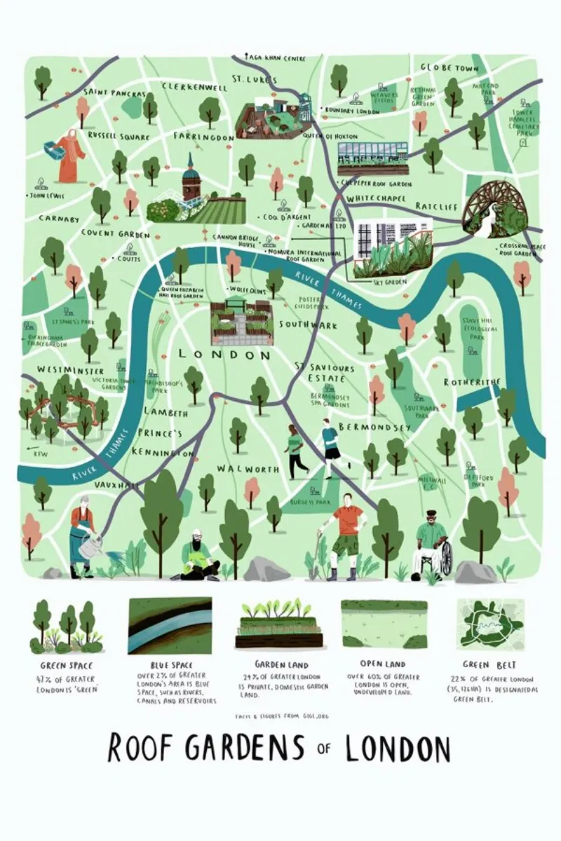 Mappa dei giardini pensili di Londra poster con telaio in legno da Alex Foster