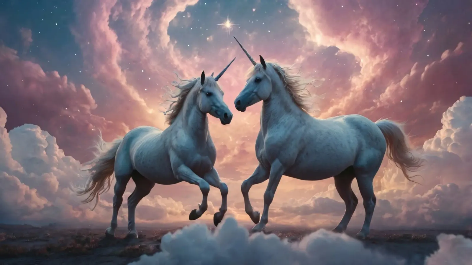Des licornes majestueuses dansent dans un paysage de nuages onirique hahnemühle de DesignDoodle