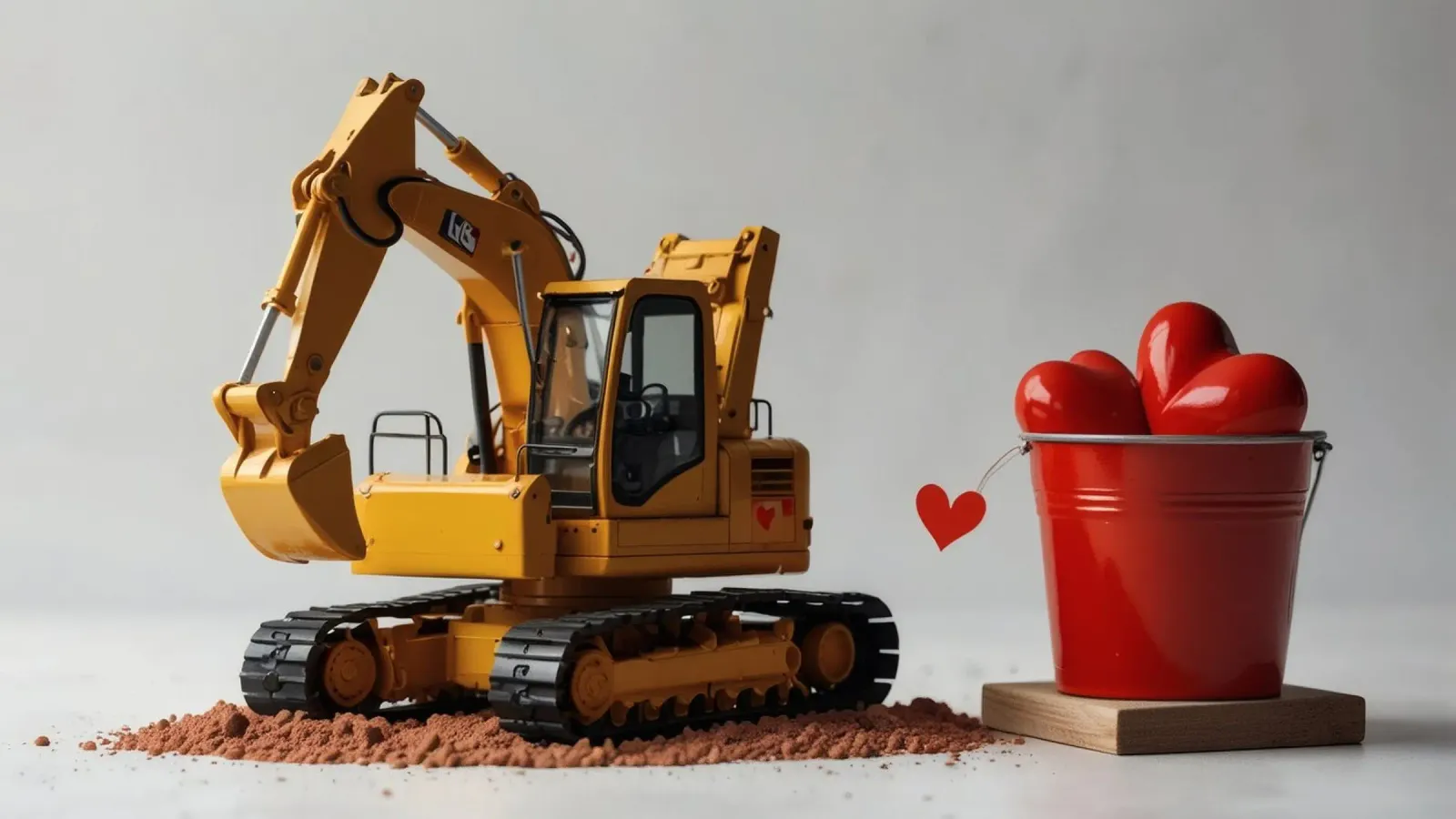 escavatore giallo e rosso a forma di cuore in una benna alluminio dibond da DesignDoodle