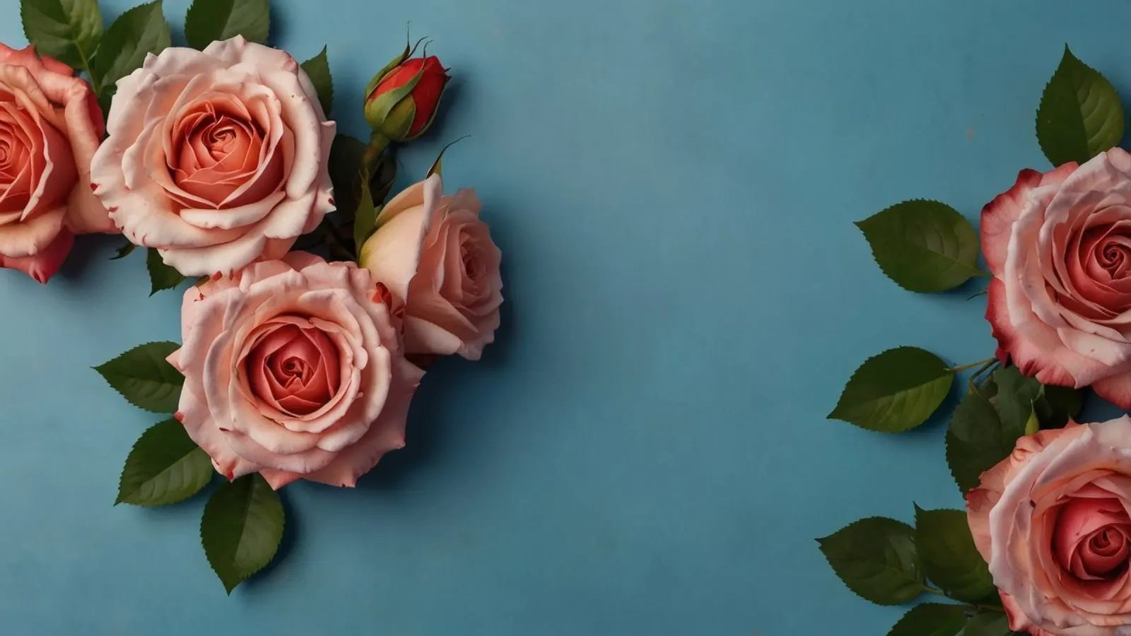 Schöne rosa Rosen vor blauem Hintergrund Alu-Dibond von DesignDoodle