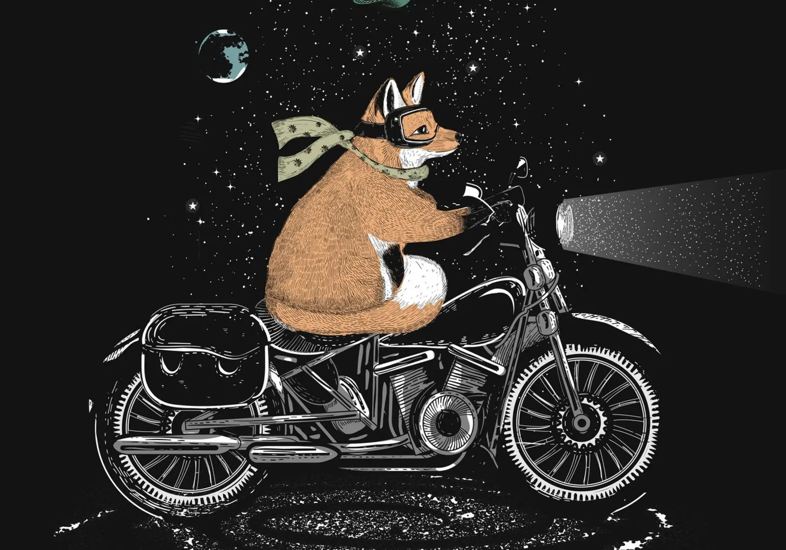 Abenteuerlicher Fuchs auf Motorrad – nächtliche Reise Poster von NA/MO