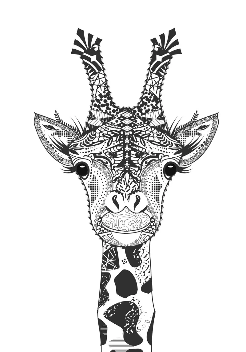 Grafische giraffe in decoratieve stijl - dierenkunst canvas met Baklijst van NA/MO