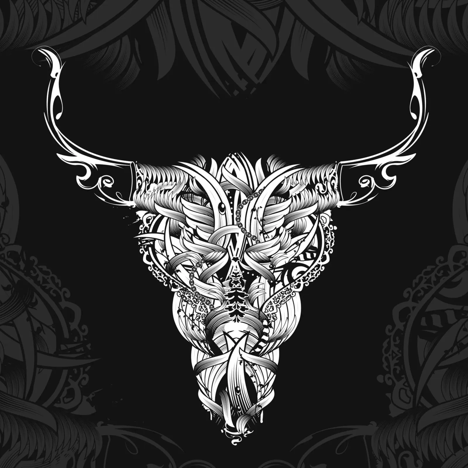 Tribal longhorn skull - Ornamental black and white graphic hahnemühle by NA/MO