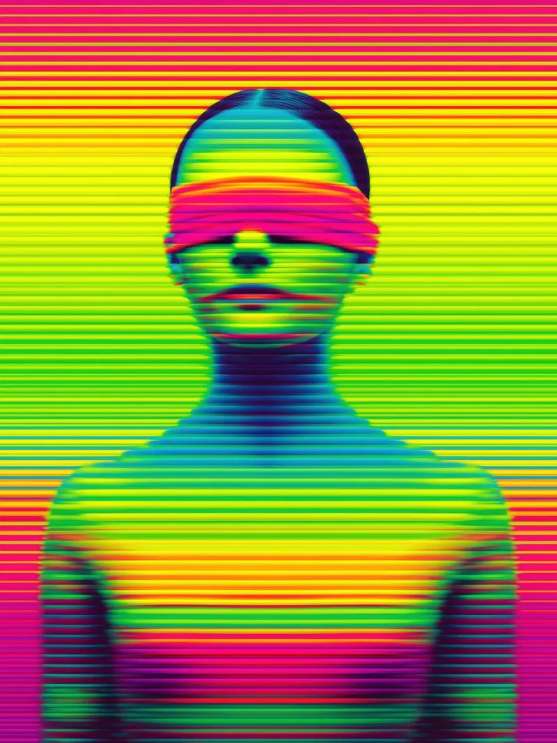 Donna al neon con occhi bendati | Digital Op-Art pellicola backlit da Autofocus